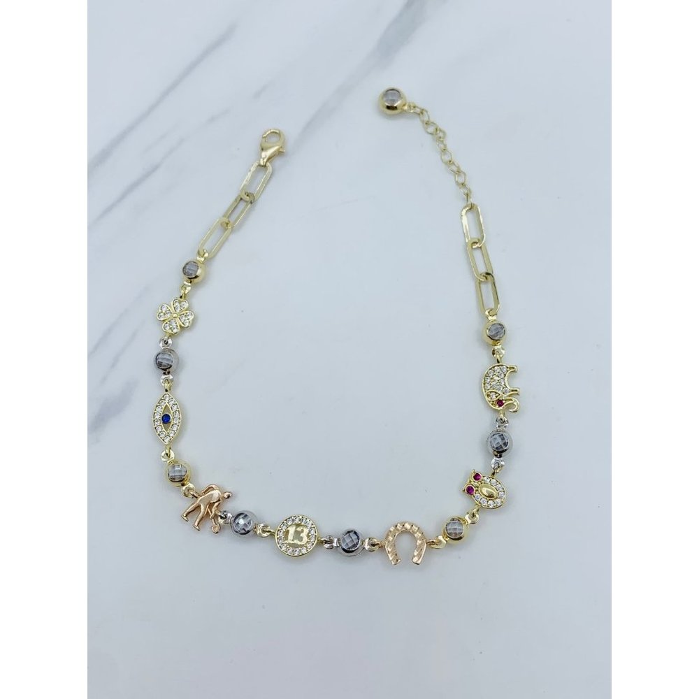 ❤️ Real 10k Yellow Gold bracelet Lucky charm Greek eye, elephant, horseshoe